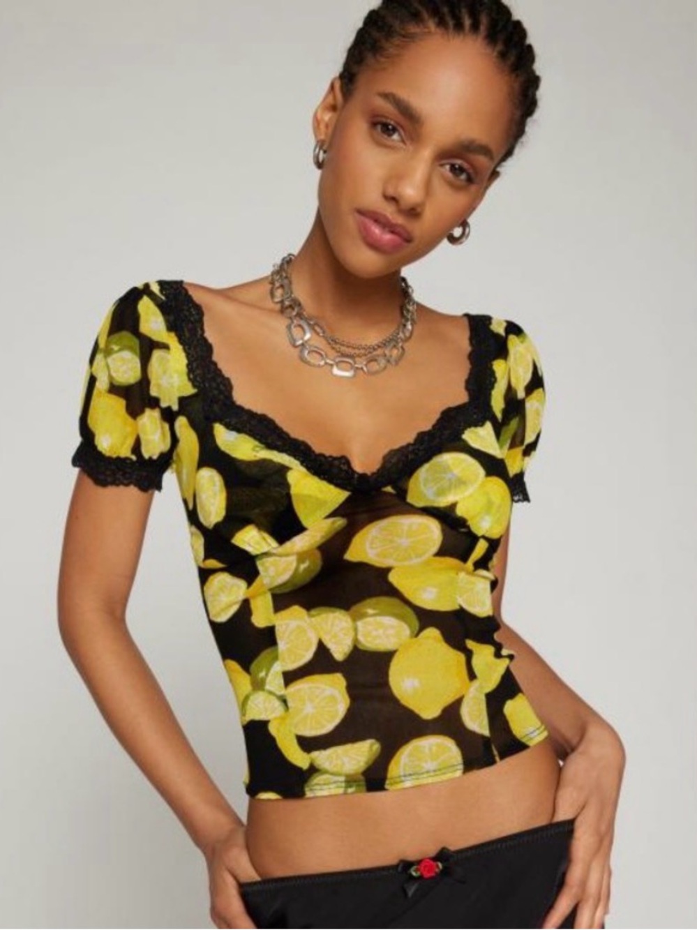 Urban Outfitters Lemon Print Lace-Trim Mesh Top - Black & Yellow